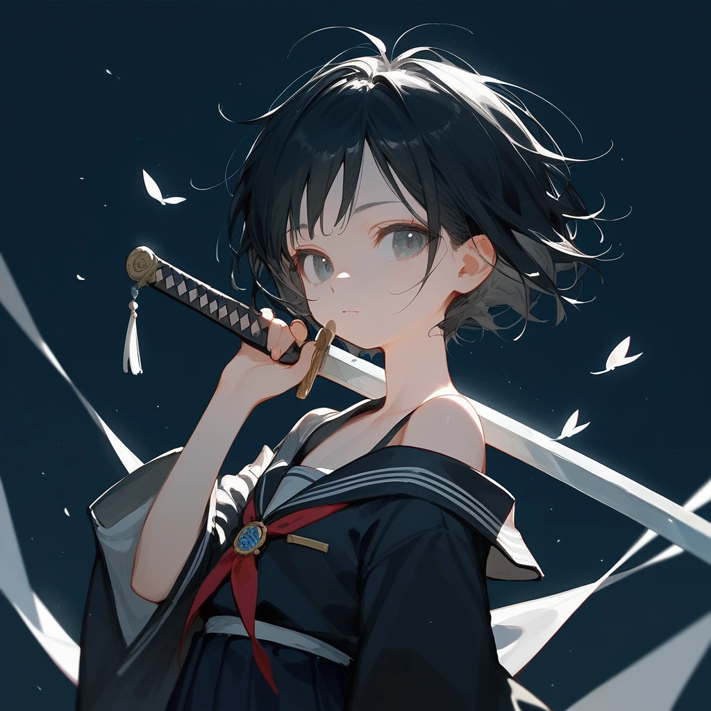 1 girl, Black Hair, iris, Off-the-shoulder kimono, beautiful_face, School uniform motif, Black kimono, Solo Illustration, Short Hair, Holding a sword, Upper Body, 笑face, Flat Chest