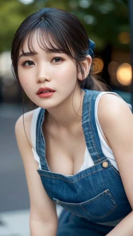 (Half Body Shot), Hyperrealism, (Photorealistic:1.4), 8k, Maximum resolution, (Masterpiece), Very detailed, Best Quality, A sophisticated face, The most beautiful women of Japan, Beautiful eyes and lips down to the last detail, Canon R5 50mm,  (Japanese Idols:1.3), Small breasts, (Casual denim small apron、Wear only an apron)、Small breastsが見える、Beautiful armpits、Beautiful waist、 Confident, Relaxed, City street atmosphere,Seductive look、Open your mouth a little、slouch、Looking at the camera、Looking into the camera、Beautiful cleavage、Cowboy Shot、