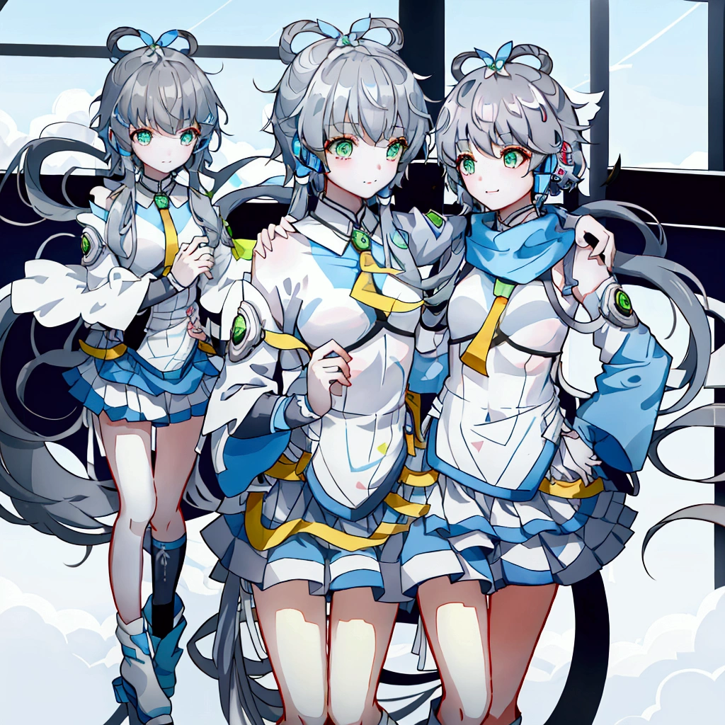 Let Luo Tianyi stand on the platform of Zuoying High-speed Railway Station。Luo Tianyi&#39;s eyes are green, her gray-blue hair is tied into a knot, her scarf is yellow, her skirt is light blue, and she has a pleated skirt. There happened to be a high-speed train stopping at the platform.