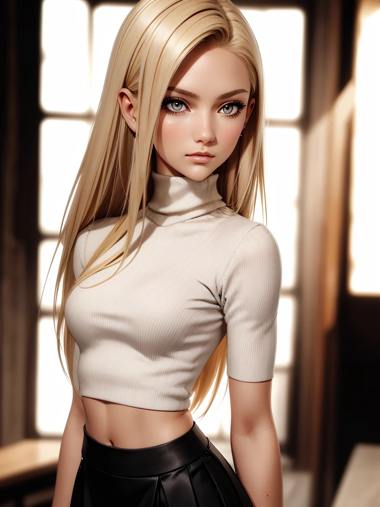 (best quality), 1girl, female, porcelain skin, blonde hair, straight hair, medium hair, swoopy tips, brown eyes, perfect eyes, crop turtleneck top, black skirt, skinny body, petite, small bust, shy, masterpiece, anatomically correct, highres
