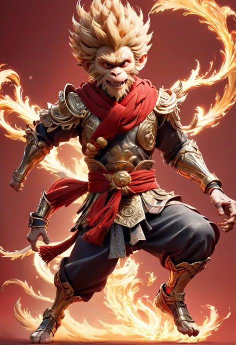 sun wukong monkey king, kicking a soccer ball, playing football, soccer field background, 3d render, full body, the red scarf sw...