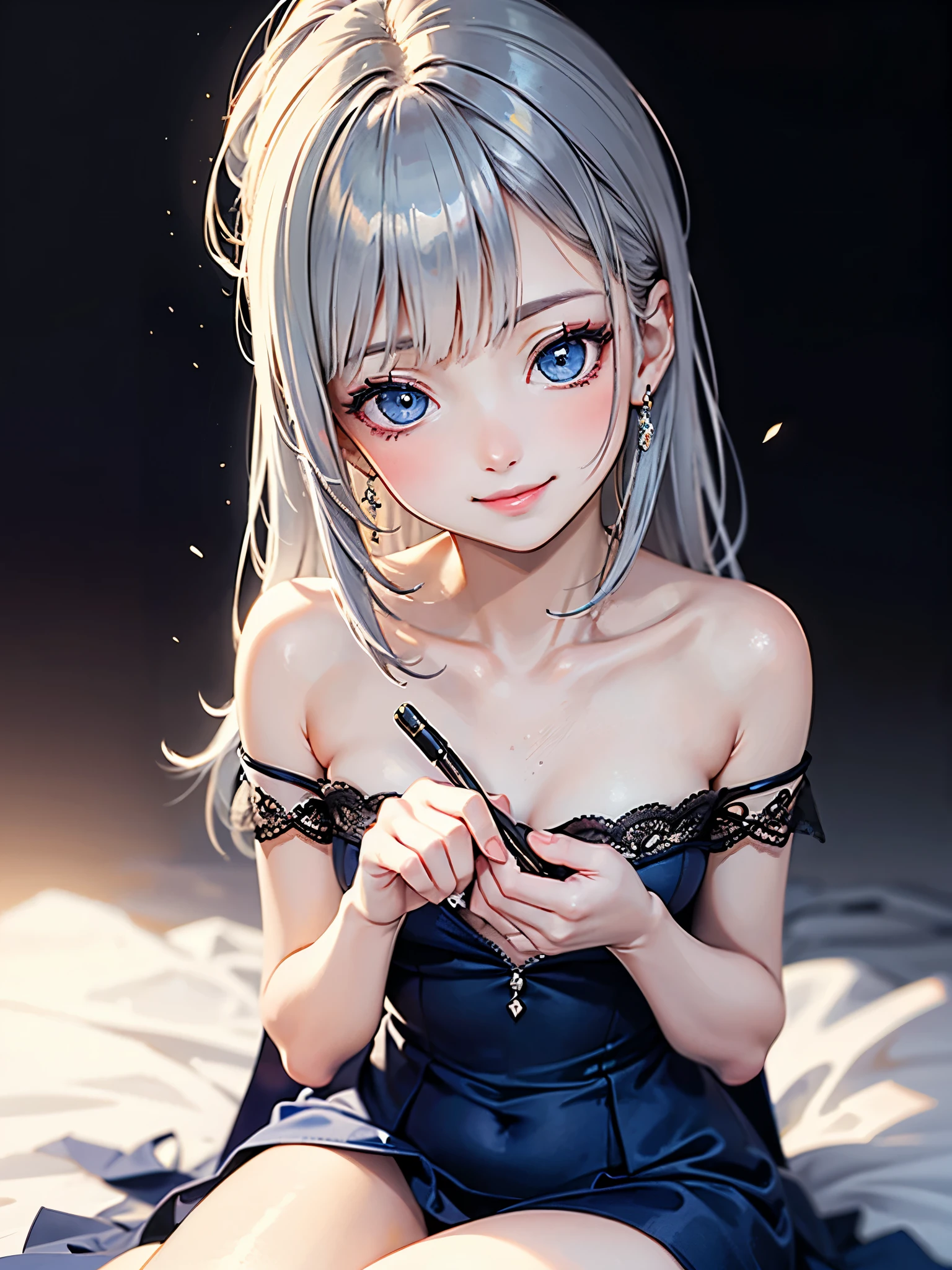 (masterpiece),(4K),high quality,Flat Chest,One girl,Long silver hair,Pale skin,Dramatic Makeup,Smiling graciously,Beautiful and exquisite blue eyes,Silk dress,Layering, (Highly detailed and elegant),Beautiful fade out, Detailed skin,The background is soft and blurred,Add a dramatic and symbolic element to your scene, Written boundary depth, Bokeh, Smooth to the touch, Ultra fine,Sitting,At White Beach,Brush strokes