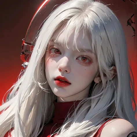 analog style, red eyes, white straight hair with straight bangs, red turtleneck , feminine, female, sexy, beautiful, badass, loo...