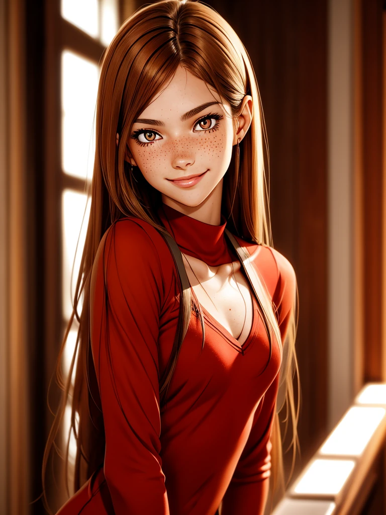 (best quality), 1girl, female, honey toned skin, chestnut hair, long hair, slightly wavy hair, brown eyes, perfect eyes, freckles, red clothes, petite, skinny body, small bust, smile, masterpiece, anatomically correct, highres
