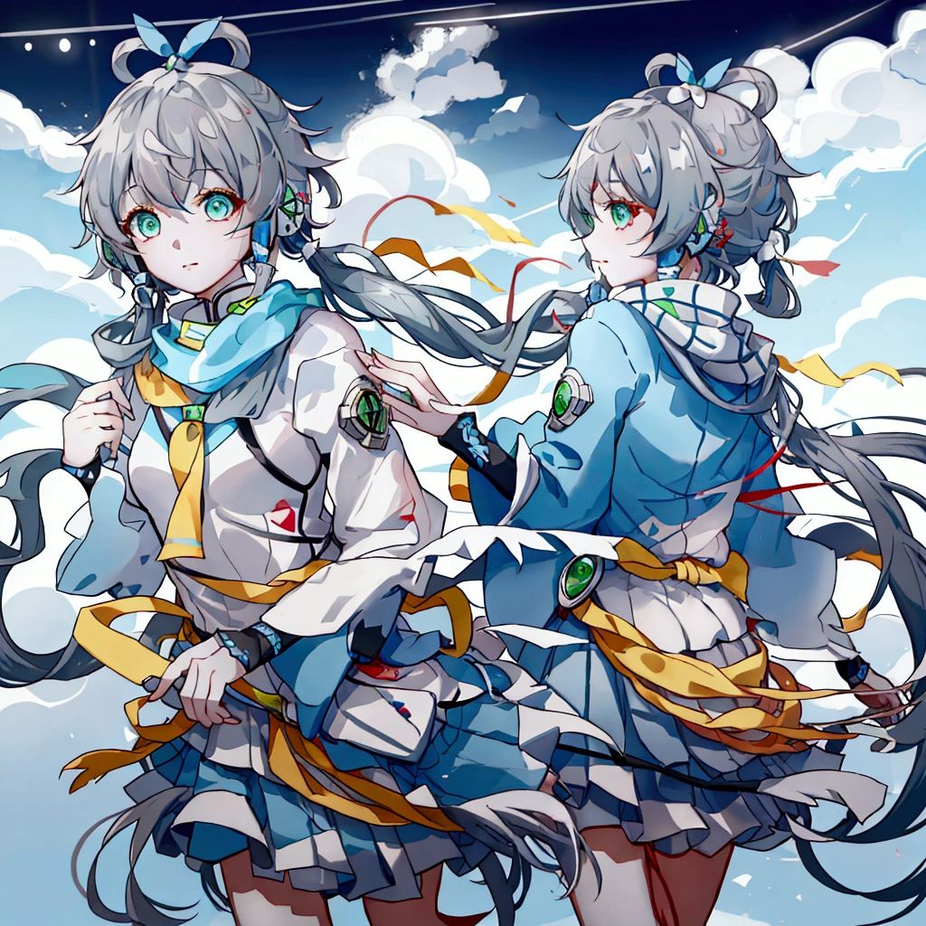 Let Luo Tianyi stand on the platform of Zuoying High-speed Railway Station。Luo Tianyi&#39;s eyes are green, her gray-blue hair is tied into a knot, her scarf is yellow, her skirt is light blue, and she has a pleated skirt. There happened to be a high-speed train stopping at the platform.