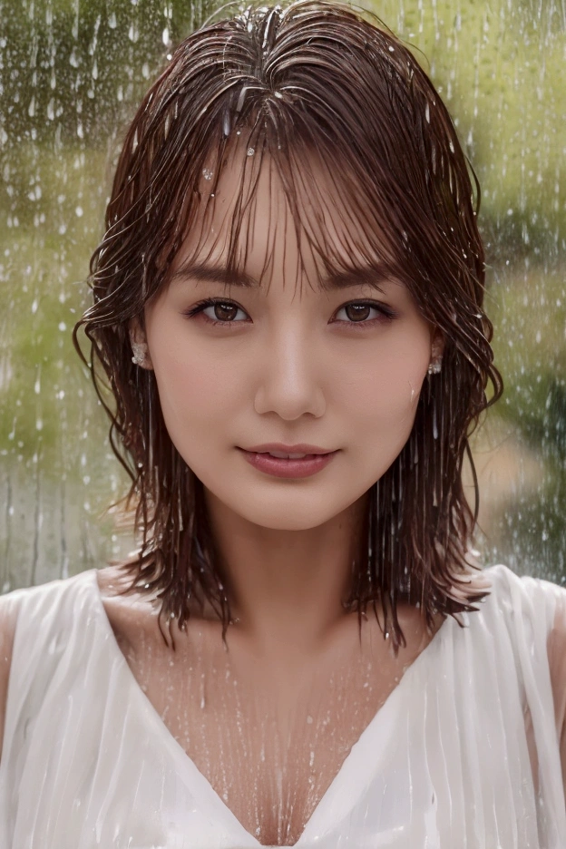 (Best Quality, 4K, masterpiece :1.3), Beautiful woman, One girl, (chest, Attractive body :1.2), Abdominal muscles :1.1, Dark Brown Hair: 1.1, (It rained and I got wet, Raindrops, Wet body :1.2), Highly detailed face, Detailed lips, Fine grain, Double eyelids