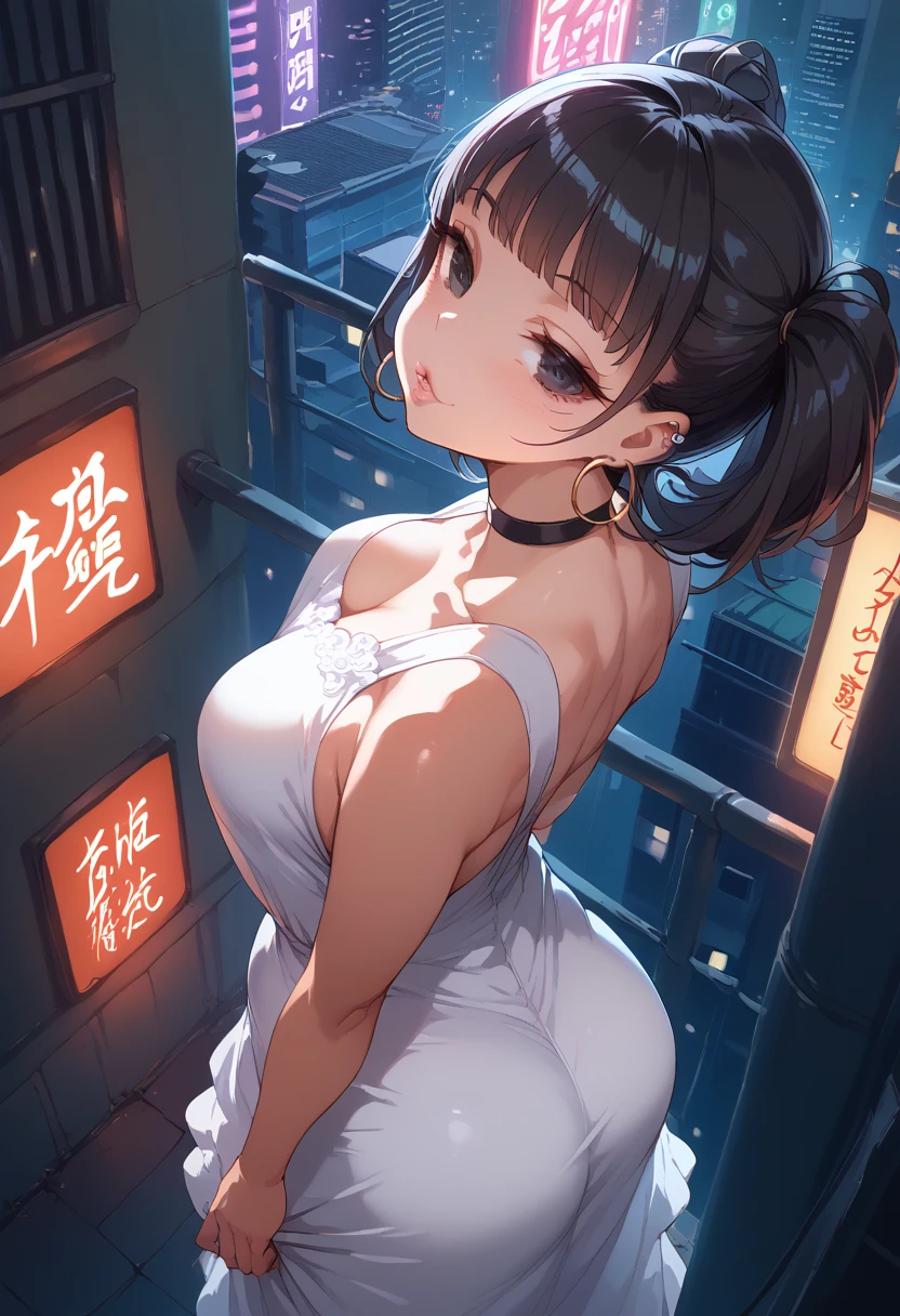 1 woman, muito curto, round face, piercing sem umbigo, high angle perspective, back view, Full lips, mischievous and naughty face, round face, detailed face, ((black twintail hair)), fringe, big black eyes, pursed lips, toned belly , respiratory mist, breasts,(midi dress with a low back), black choker, Large hoop earrings, extremely flushed face, thin waist, on the roof, detailed city background, futuristic city, coverage, many skyscrapers, Tokyo, japanese symbols neon lights, volumetric lighting, thick thighs, More details.