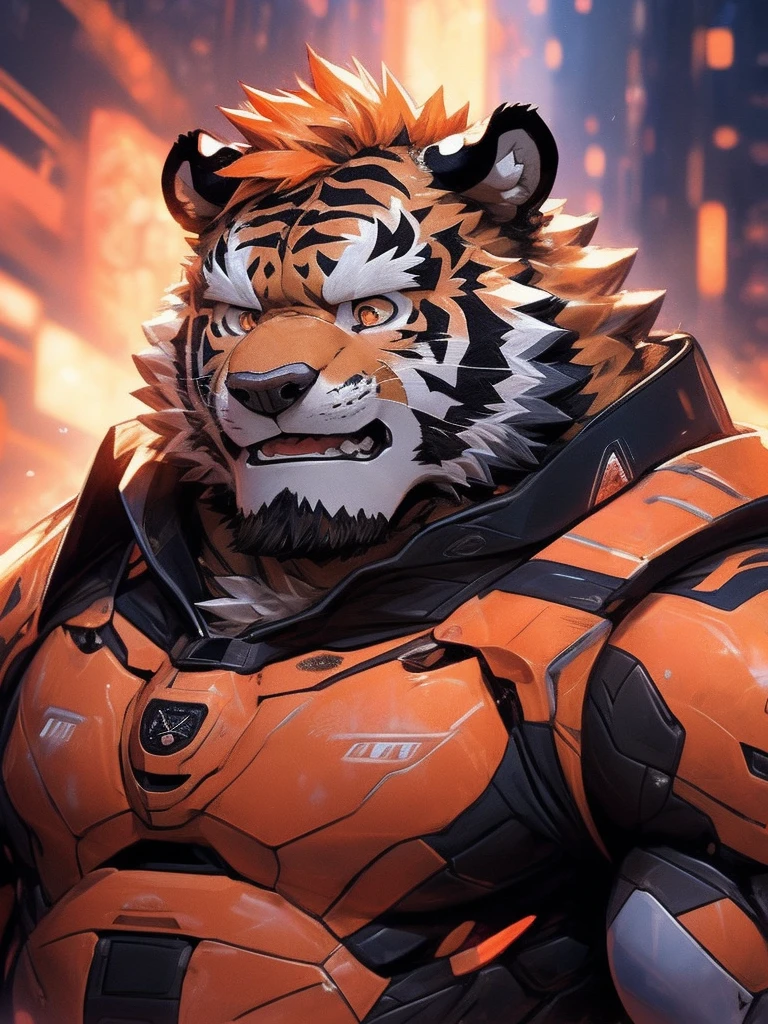 human nature, Wildlife, male,3，uncle， Unique, ((Round Face, The face is plump,Orange eyes,Thick Orange Hair，scar)), ((Endocrine, Handsome，Hot Blood)), （Mecha suit，No electricity，Exhaustion), ((domestic Black Tiger,Black Tiger，) hairy fur, hairy), Bokeh, (high quality, high resolution, masterpiece), (Dynamic Lighting, Vibrant colors), (Revitalize，harm，despise), Full body pictures (close up), Cartoon