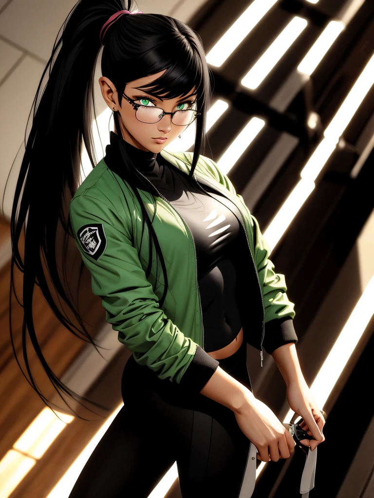 (best quality), 1girl, female, tanned skin, black hair, high ponytail, side swept bangs, long hair, green eyes, perfect eyes, sport jacket, leggings, athletic, smug, masterpiece, anatomically correct, highres
