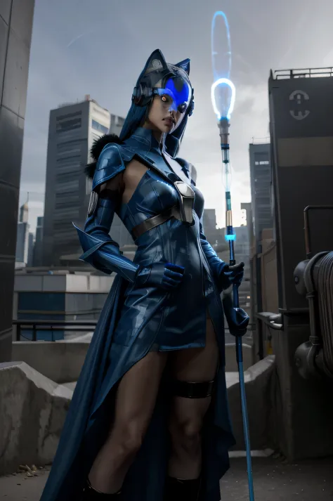 sci fi cleric, blue cat hybrid woman furry, wearing a futuristic gown, holding a sci fi staff, sci fi city in the background, re...