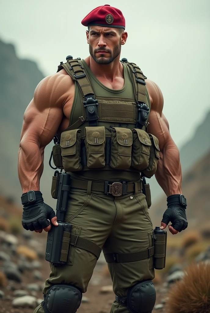 A very handsome big muscular man wearing a soldier combar uniform, with tactical gloves and paratroopers red beret, rolled up sleeves, showing biceps, background a battlefield