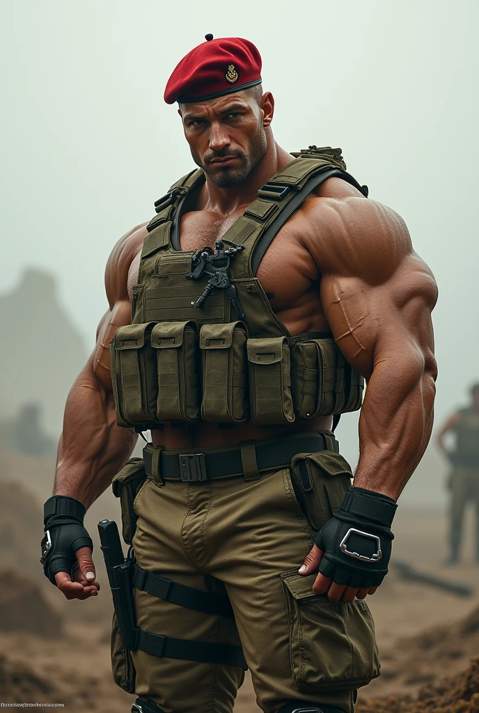 A very handsome big muscular man wearing a soldier combar uniform, with tactical gloves and paratroopers red beret, rolled up sleeves, showing biceps, background a battlefield