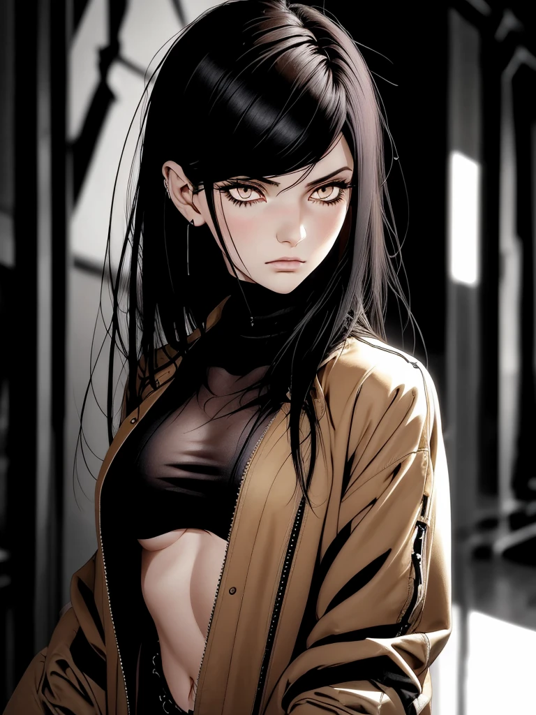 (best quality), 1girl, female, pale skin, (black hair), blonde ombre, medium hair, messy hair, messy bangs, hair over eyes, (brown eyes), perfect eyes, dark circles under eyes, skinny body, scowl, goth girl, oversized jacket, turtleneck, ripped jeans, flat chest, childish, masterpiece, anatomically correct, highres
