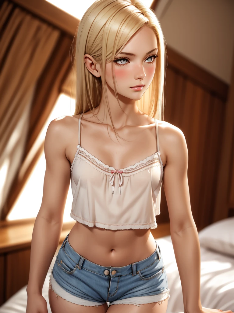 (best quality), 1girl, female, porcelain skin, blonde hair, straight hair, medium hair, swoopy tips, Flipped-up ends, brown eyes, perfect eyes, skinny body, petite, cropped camisole, pajama shorts , small bust, blush, masterpiece, anatomically correct, highres
