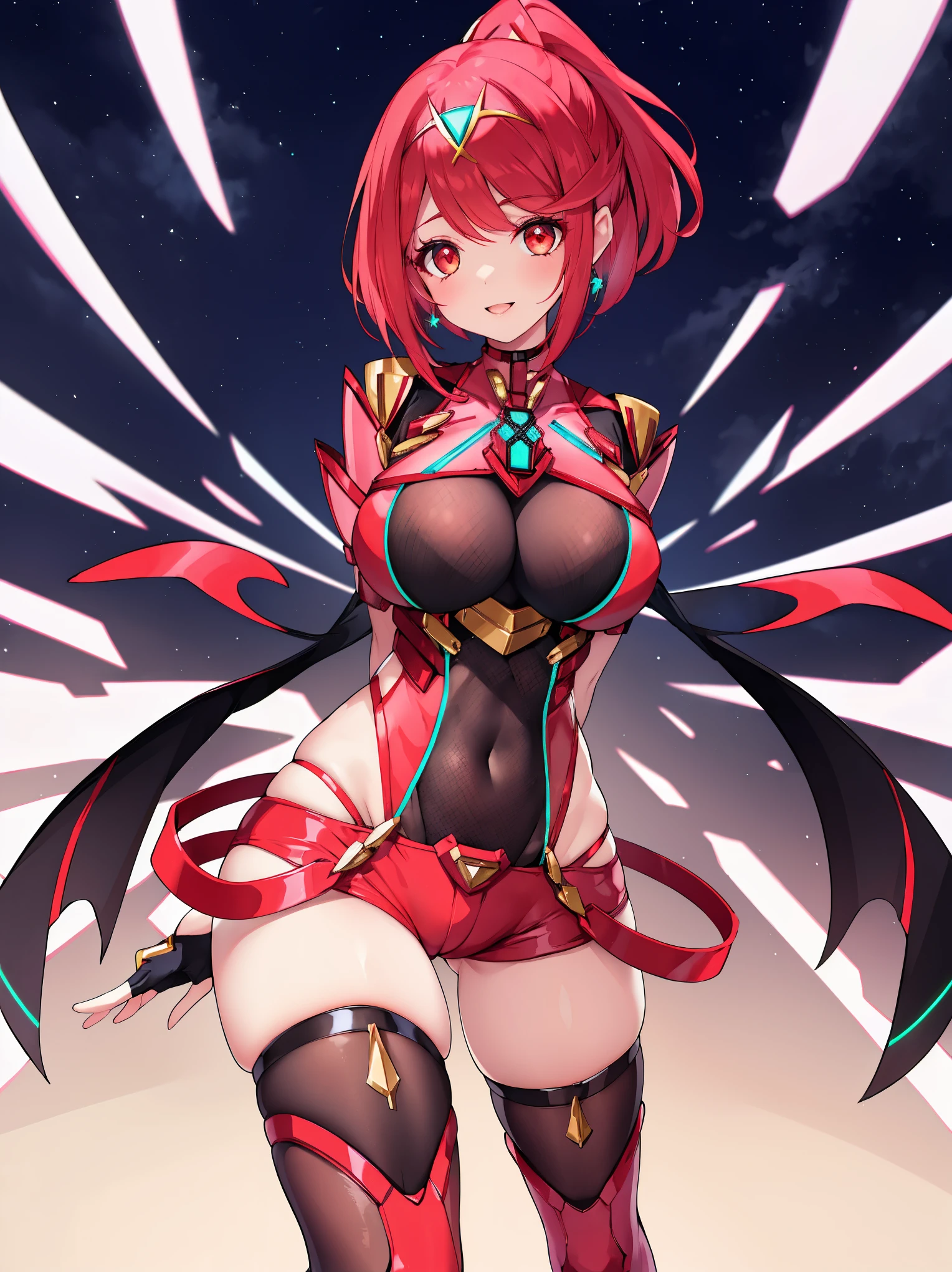 pyra \(xenoblade\), young_teen_1girl, armor, bangs, black gloves, breasts, red eyes, closed mouth, earrings, eyelashes, fingerless gloves, floating hair, framed breasts, gem, gloves, hair ornament, headpiece, jewelry, large_breasts, leaning back, leotard, neon trim, official art, pose, red hair, red shorts, short hair, short shorts, short sleeves, shorts, sidelocks, skin tight, solo, standing, swept bangs, thighhighs, tiara, night_prairie_background, turtleneck, underbust, vambraces, xenoblade chronicles \(series\), (xenoblade chronicles 2), apart_legs, fire_effects,dynamic_pose,light_smile, (plump:1.1), large_thighs, solo, open_mouth,open_arms,want_hug,arms_forward,ponytail