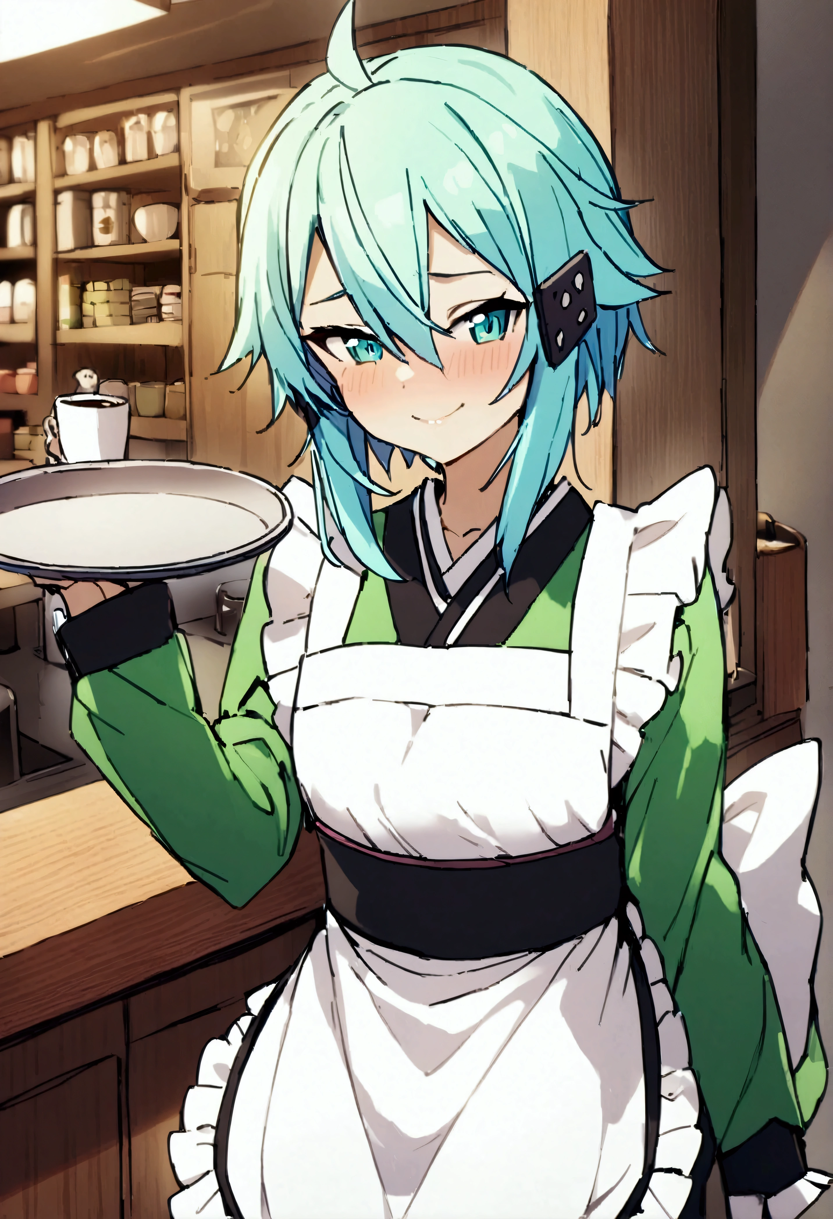 NSFW,masterpiece,Best Quality,High resolution,Very detailed,One girl,Sinon\(Sword Art Online\),kimono、kimono、White apron、緑のkimono、Hair accessories、Long sleeve、Maid、和Maid、Sleeve length up to the wrist、Ruffled Apron、Green Sleeves,Tray,Bad Smile,Lustful face,Coffee shop,counter