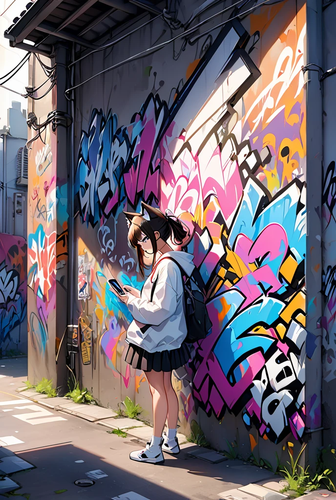 straight letter , master piece , “ Charging your smartphone " , graffiti art , Japanese anime style , cat ear YouTuber gal , drawing on the back alley wall  , going over , in many other graffiti art, going over, graffiti type ,straight letter,master piece, 