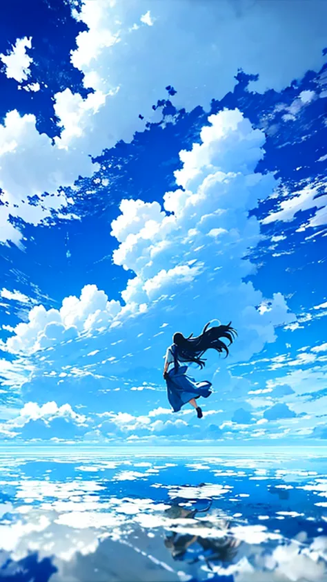 a single figure floats serenely in a vast, vivid blue sky filled with enormous, highly detailed cumulus clouds. the scene captur...