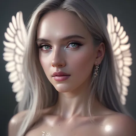 a angel celestial being con alas, highly detailed intricate features, glowing eyes, iridescent skin, flowing celestial hair, cel...