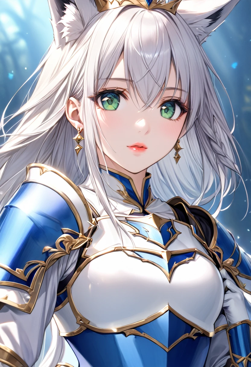 (Beautiful woman in a fantasy scene, Very detailed, 1 girl, Fubuki, white hair, single side braid, ahoge, piercing, fox tailドレス, gloves, jewelry, Cleavage, Princess, elbow gloves, Tiara, brooch, white gloves, Adult female, slim, Very beautiful, Beautiful Face, (((Blue and white armor, breastplate, Shiny Armor:1.2))), Has a bow, Gold earrings, Gray Hair, Green Eyes, Pink Lips, whole body)