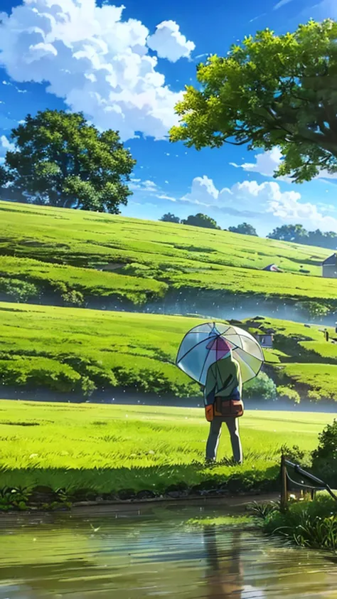 a painting of a boy in the countryside in the rain airplane in the sky tintin style anime art wallpaper 4k, 4k anime art wallpap...