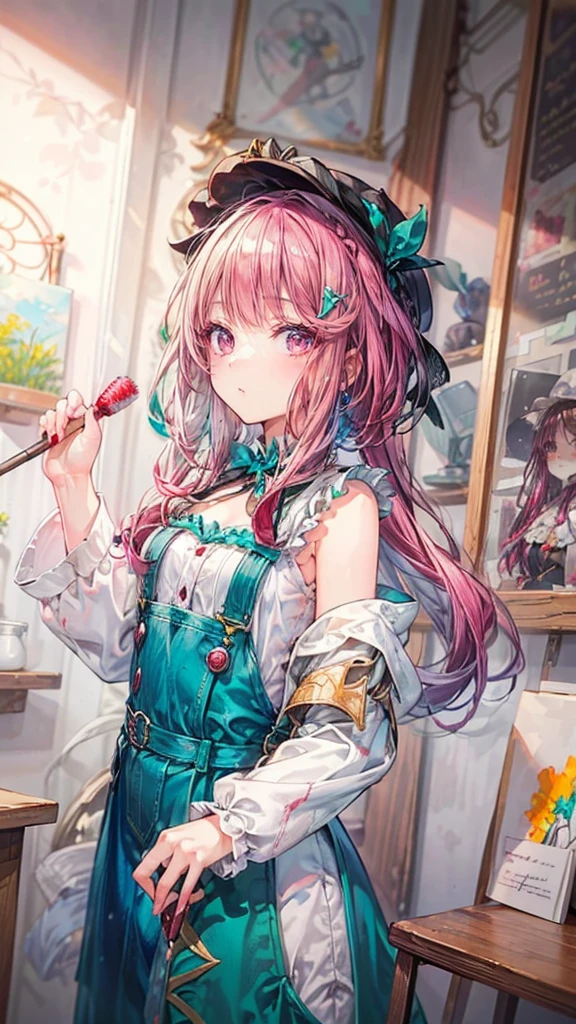 ((True best masterpiece, Ultimately perfect quality, Extremely delicate details)), ((Half color hair, Emerald left and magenta right, An artist in the atelier)), A painter girl with emerald and magenta hair, Wears a denim overall, Puts on a red painter cap, Holding a brush, (hlfcol haired girl with color1 and color2 hair)