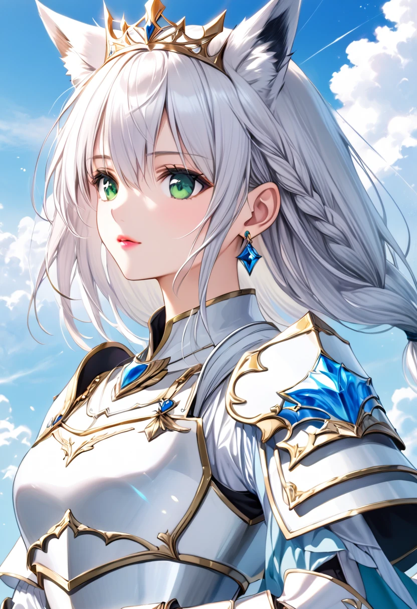 (Beautiful woman in a fantasy scene, Very detailed, 1 girl, Fubuki, white hair, single side braid, ahoge, piercing, fox tailドレス, gloves, jewelry, Cleavage, Princess, elbow gloves, Tiara, brooch, white gloves, Adult female, slim, Very beautiful, Beautiful Face, (((Sky blue and white armor, breastplate, Shiny Armor:1.2))), Has a bow, Gold earrings, Gray Hair, Green Eyes, Pink Lips, whole body)