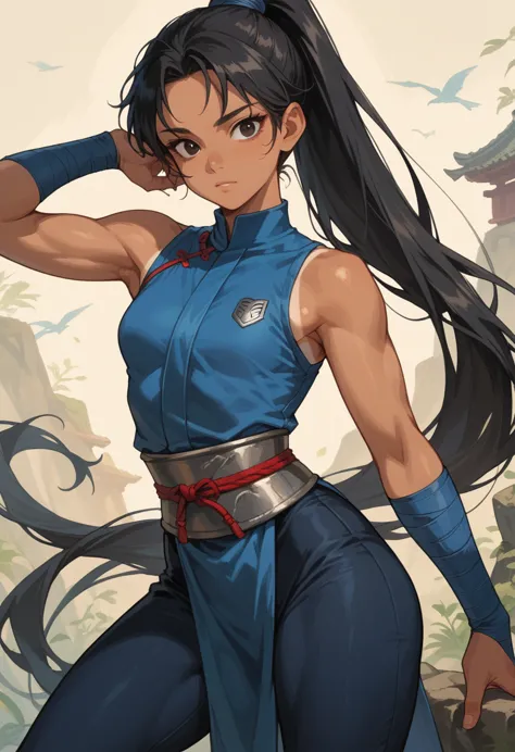 (woman, long ponytail, black hair, black eyes, tanned skin) blue ninja cloth, small breast, athletic body, blue light armor, bla...