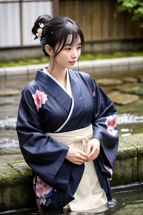 1 person、real、wet、hakama、japanese、kimono、women、、long-sleeved kimono、long hakama、soaking wet、hakama、whole body、tabi、hakama with w...