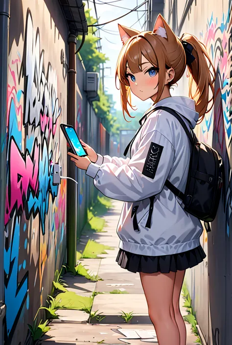 straight letter , master piece , “ charging your smartphone " , graffiti art , japanese anime style , cat ear youtuber gal , dra...