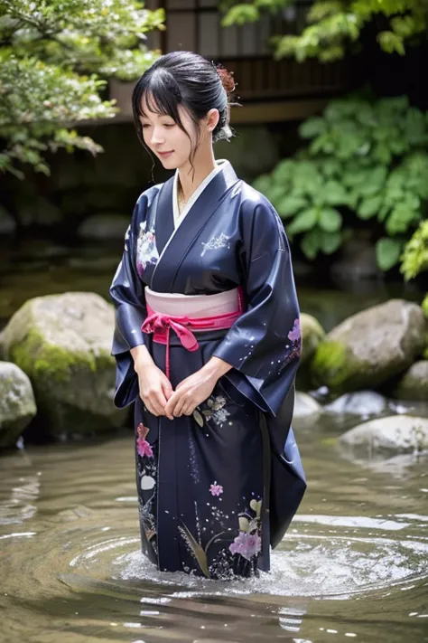 1 person、real、wet、hakama、japanese、kimono、women、、long-sleeved kimono、long hakama、soaking wet、hakama、whole body、tabi、hakama with w...