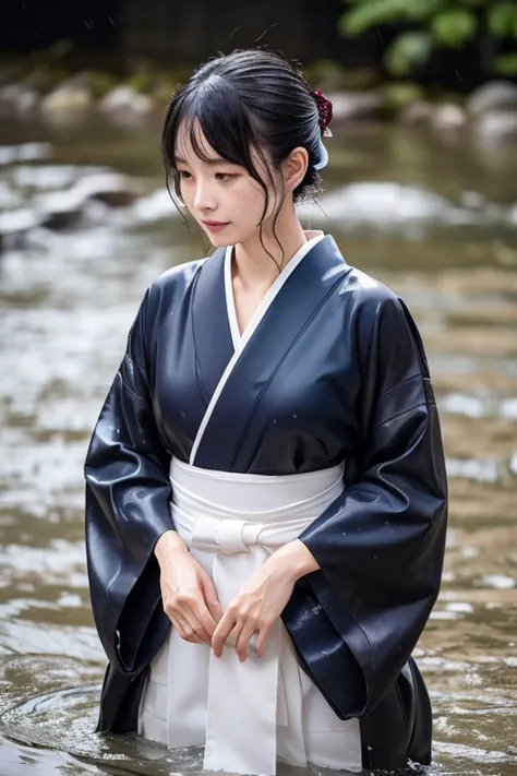 1 person、real、wet、hakama、japanese、kimono、women、、long-sleeved kimono、long hakama、soaking wet、hakama、whole body、tabi、hakama with w...