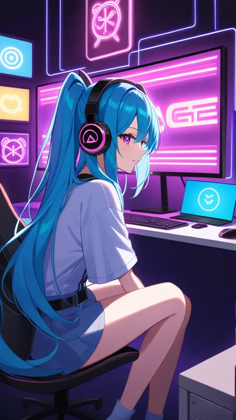 anime girl with long hair in headphones sitting at monitor, neon light illuminates her hair