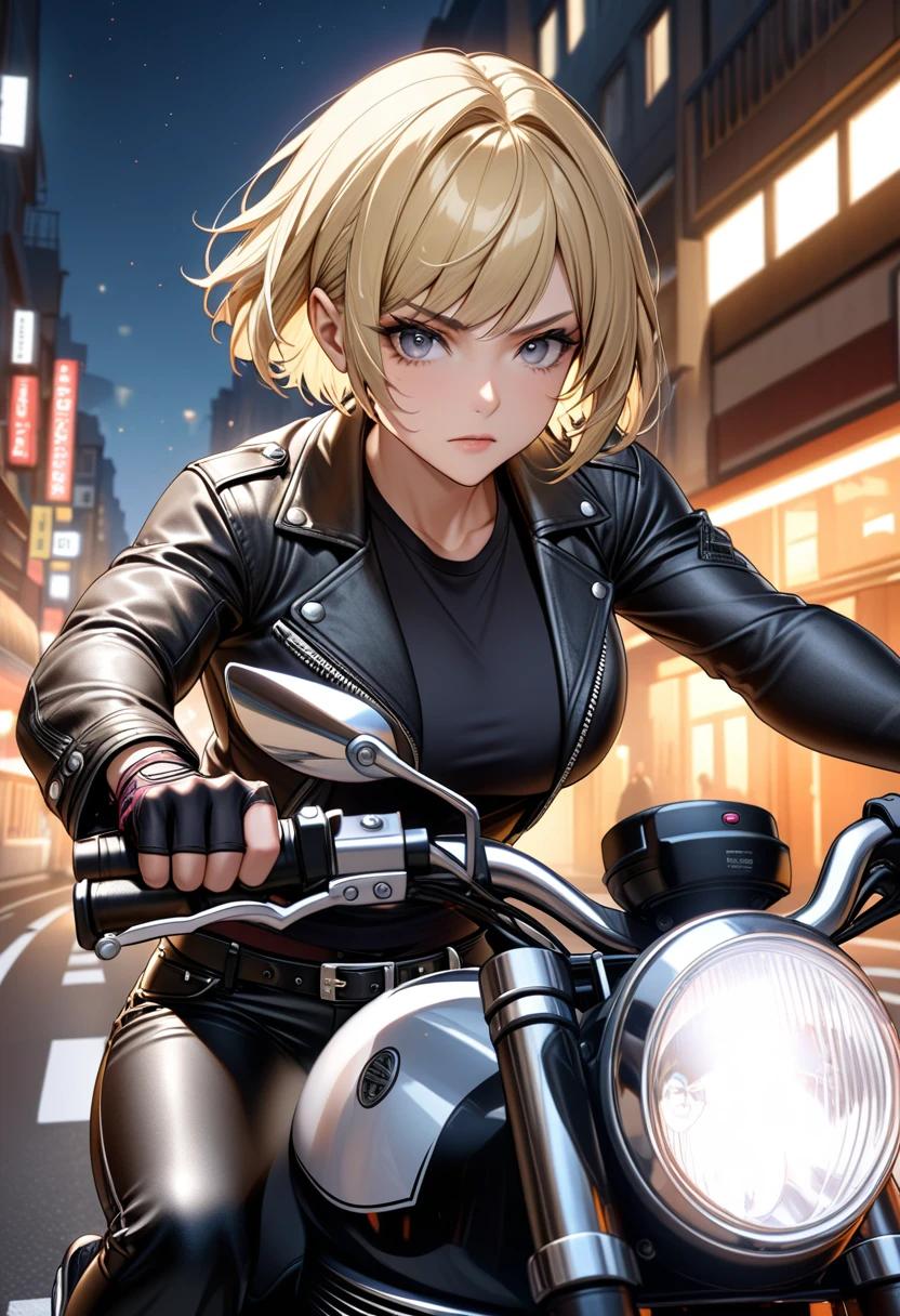 Ultra Quality, Extremely Detailed, High Resolution, Woman, (1girl), medium shot,36year old, German Woman, serious eyes, gray eyes, blonde hair, pixie cut, road, riding on motorcycle, black shirt, leather jacket, black leather pants, silver belt, fingerless gloves, athletic body, lean muscles, night