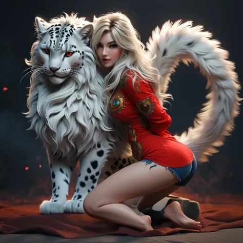 a beautiful (anthro snow leopard), her beautiful curvy body covered in white fur and black spots, long thick tail, wearing a tig...