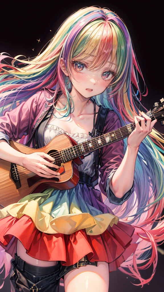 ((True best masterpiece, Ultimately perfect quality, Extremely delicate details)), ((Rainbow hair, A musician in the dark Live House, Guitar)), A singer girl, Playing the acoustic guitar, Illuminated with colorful spotlights