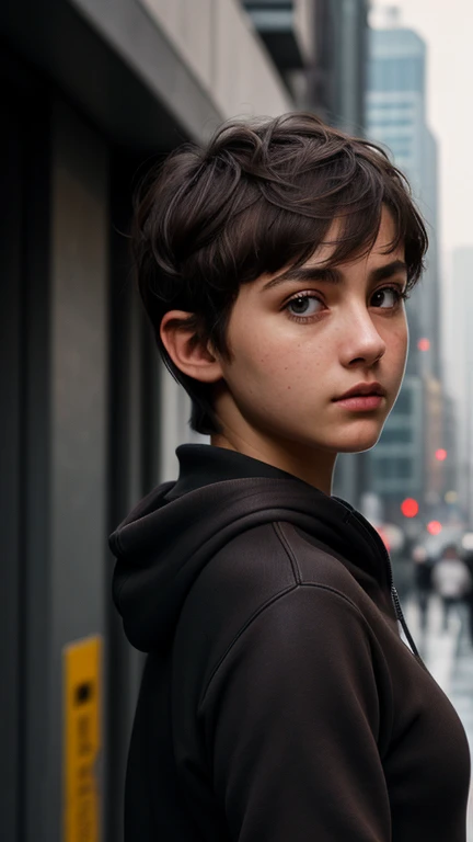 (Close-up), (intense gaze), young russian woman with nice natural very small breast, small stature, sporty boyish build, well-developed muscles, ((dark brown eyes)), dark brown disheveled hair, (short haircut), (pixie style), an indifferent expression on his face, grey hoody, military pants, massive leather climbing boots, urban setting, (4k), (ultra hd), (confident pose), (high resolution), (detailed), (moody lighting), (professional camera), (street style), ((urban fashion)), ((soft skin)), mysterious, (city background), (modern), (trendy look), (artistic), (high-quality portrait), full body, the average plan