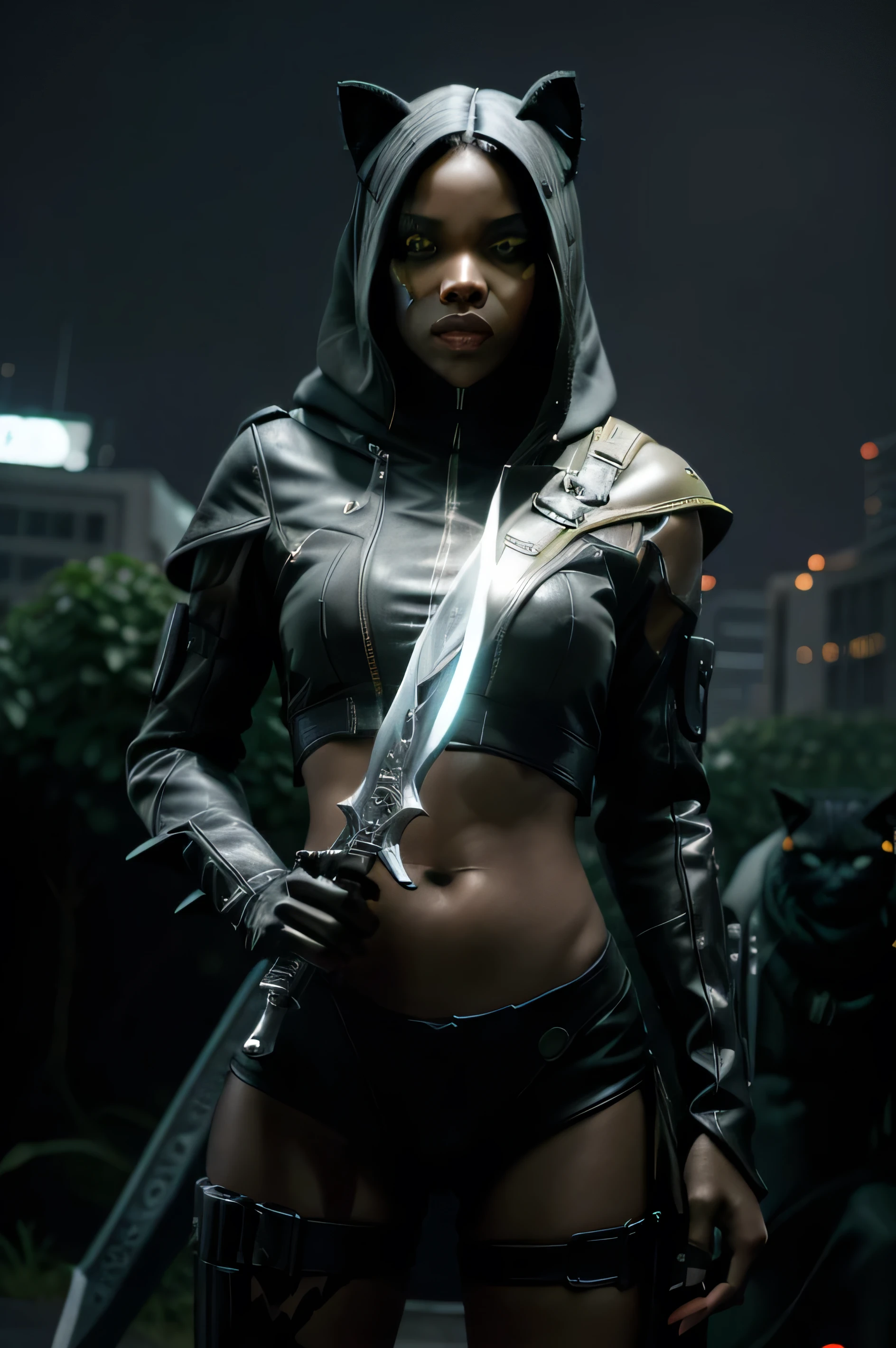 sci fi rogue, black female cat hybrid furry, holding a futuristic dagger, with a hood, enemy monsters in the background, realism, sci fi, cool cyber mask, hyper realistic
