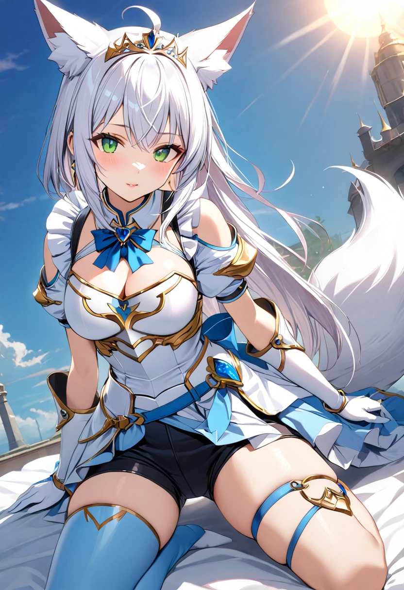 ((masterpiece)), Highest quality, Very detailed,(One Girl), fubuki, white hair, white fox ears, single side braid, ahoge, piercing, fox tail, fubukibase, white blouse, detached sleeves, black shorts, blue neckerchief, thigh strap, single thighhigh, white hair, single side braid, ahoge, fox tail dress, gloves, jewelry, Cleavage, Princess,elbow gloves,tiara,brooch,white gloves、Adult female、thin、so beautiful、Beautiful Face、Maid Skirt、(((sky blue and white armor、breastplate、Shiny Armor:1.2)))、Holding a bow、Gold earrings、White hair, Green eyes, Pink Lips、Full Body