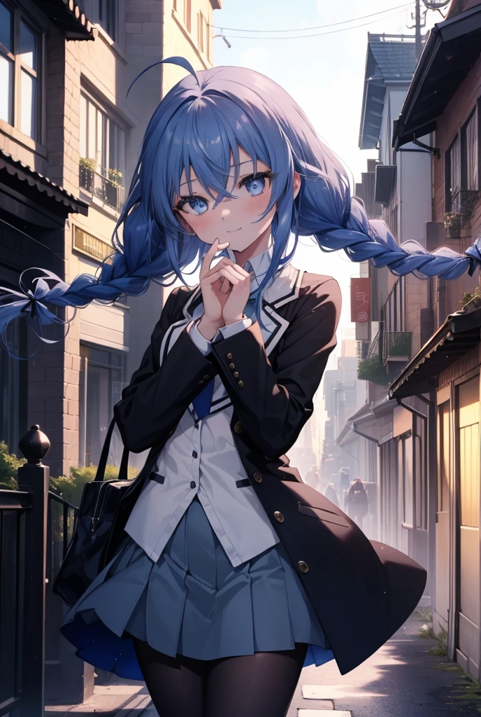 (masterpiece,intricate details),1 girl,mature woman,light _face, BREAK Roxymigurdia, Roxy, Ahoge, black ribbon, blue eyes, blue hair, Braid, hair between eyes, hair ribbon, long hair, twin Braids, very long hair,happy smile, smile, open your mouth, Destroy White Y-Shirt,Blue Blazer,Blue pleated skirt,Gray pantyhose,White Loafers,
壊す looking at viewer,
break outdoors, In town,Destroy a city of buildings (masterpiece:1.2), highest quality, High resolution, unity 8k wallpaper, (figure:0.8), (detailed and beautiful eyes:1.6), Highly detailed face, perfect lighting, Very detailed CG, (perfect hands, perfect anatomy),