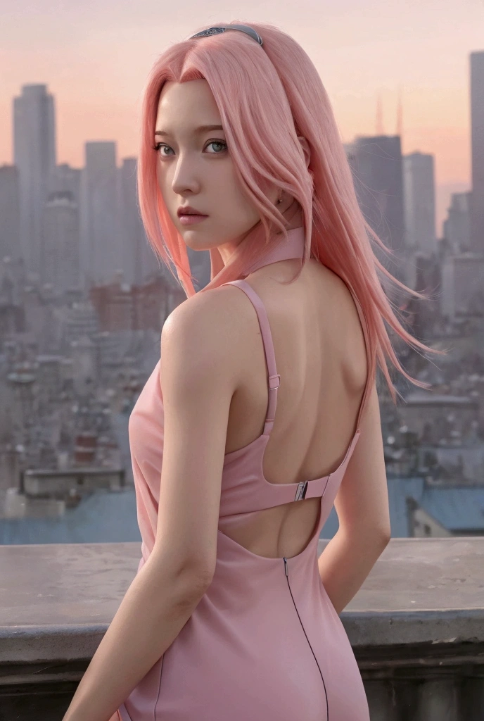 1 girl, long hair, Best quality, accuracy, masterpiece, Realistic anatomy, High resolution, in detail, high detail, pink hair, , disturbance, metropolis in the background