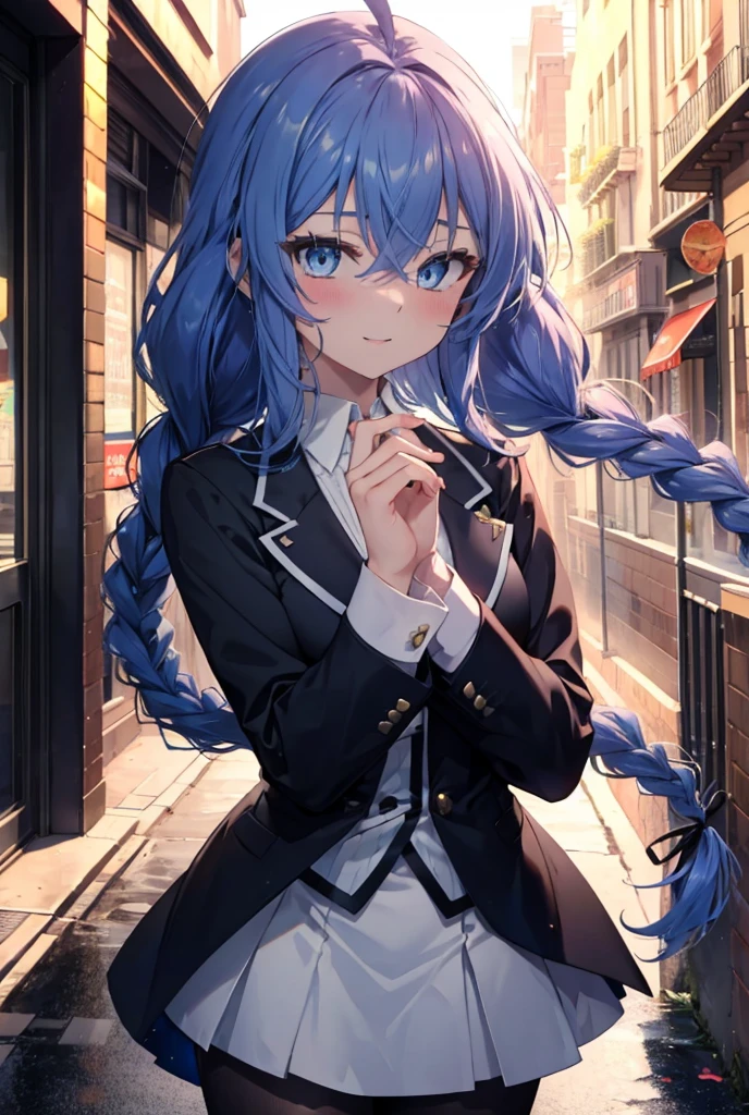 (masterpiece,intricate details),1 girl,mature woman,light _face, BREAK Roxymigurdia, Roxy, Ahoge, black ribbon, blue eyes, blue hair, Braid, hair between eyes, hair ribbon, long hair, twin Braids, very long hair,happy smile, smile, open your mouth, Destroy White Y-Shirt,Blue Blazer,Blue pleated skirt,Gray pantyhose,White Loafers,
壊す looking at viewer,
break outdoors, In town,Destroy a city of buildings (masterpiece:1.2), highest quality, High resolution, unity 8k wallpaper, (figure:0.8), (detailed and beautiful eyes:1.6), Highly detailed face, perfect lighting, Very detailed CG, (perfect hands, perfect anatomy),