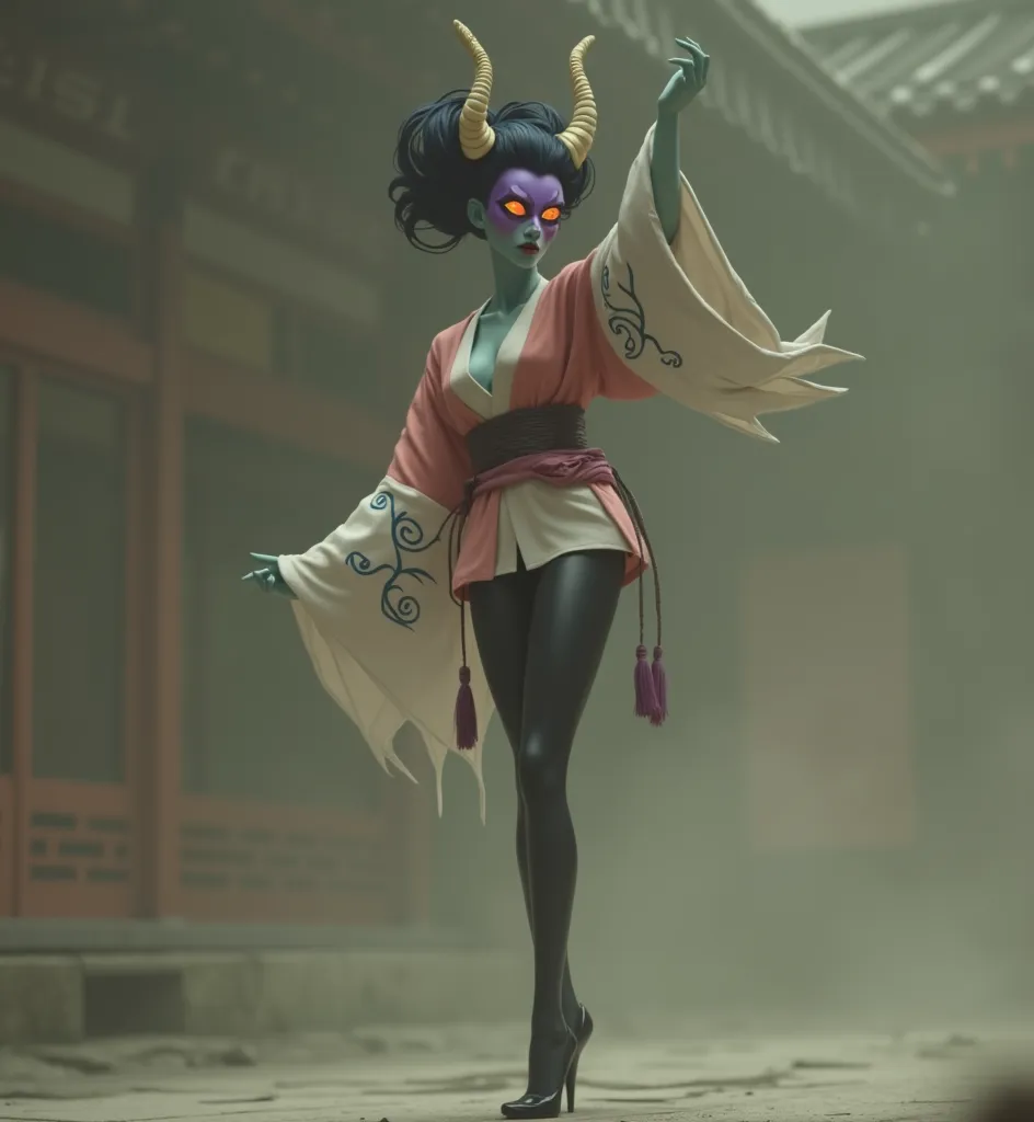 picture of an tall woman, (((pale blue/green colored skin))), (slight pixar style), (((realistic))), ((long legs)), ((thick thighs)), ((curvy hips)), long neck, ((dark blue hair with multiple rolls up into an updo)), (((two tiny gold horns coming out of the hair rolls))), (((wearing a purple aztec mask))), ((creepy wooden face mask)), (((two oversized white tassels on either side of the mask))), (oversized white rope attaching the mask to he head), wearing a pale red kataginu wide shoulder robe over a white short kimono with long baggy draped sleeves, blue swirling thorn kimono patterns on the end of the sleeves, green obi belt, (((skin-tight black shiny latex tights))), ((standing on her tip toes)), arrogant stance, one hand up and in front, other hand behind her, intimidating stance, side on facing the camera, ((hunched over)), ((leg in front of another)), (dancer pose), looking at the camera, in an ominous misty japanese temple courtyard, (((full body shot)))