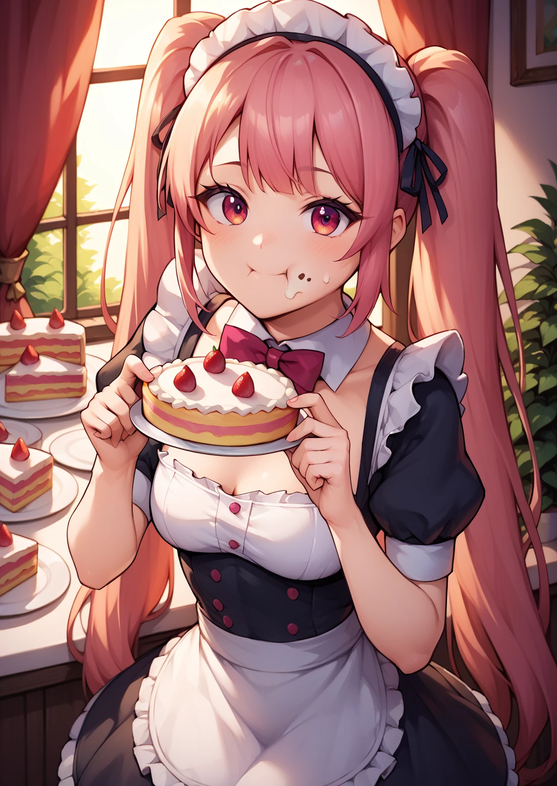 1girl, eating cake, maid outfit, pigtails, nekomimi 