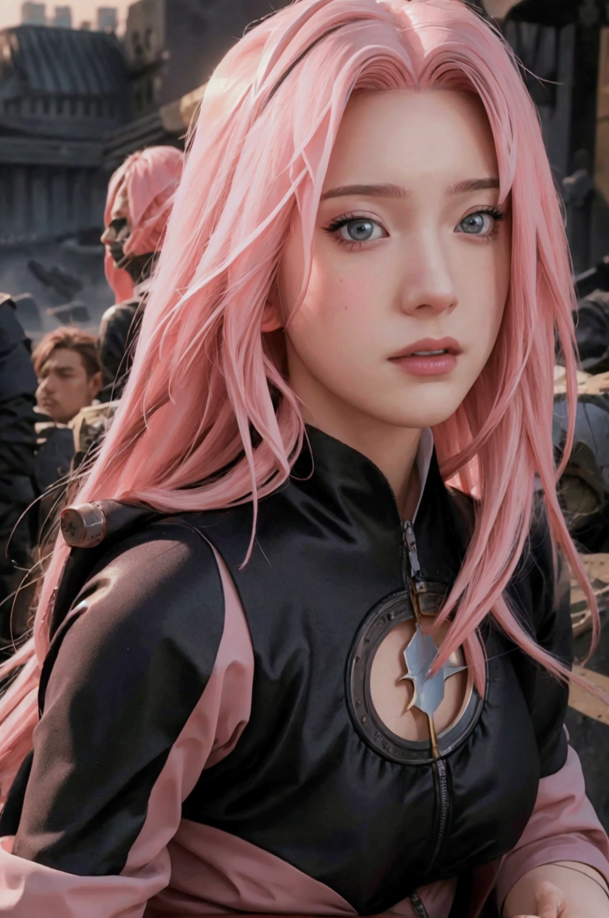 1 girl, long hair, Best quality, accuracy, masterpiece, Realistic anatomy, High resolution, in detail, high detail, pink hair, , disturbance, metropolis in the background