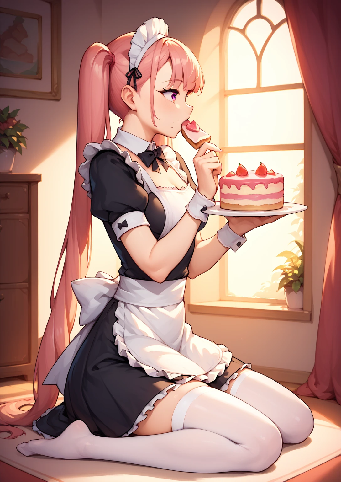 1girl, maid outfit, pigtails, nekomimi, sexy pose, fullbody, sitting down, side profile, eating cake