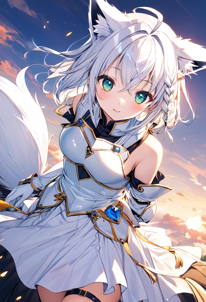 ((masterpiece)), Highest quality, Very detailed,(One Girl), fubuki, white hair, white fox ears, single side braid, ahoge, piercing, fox tail, fubukibase, white blouse, detached sleeves, thigh strap, single thighhigh, white hair, single side braid, ahoge, fox tail dress, gloves, jewelry, Cleavage, Princess,elbow gloves,tiara,brooch,white gloves、Adult female、thin、so beautiful、Beautiful Face、long skirt、(((sky blue and white armor、breastplate、Shiny Armor:1.2)))、Holding a bow、Gold earrings、White hair, Green eyes, Pink Lips、Full Body