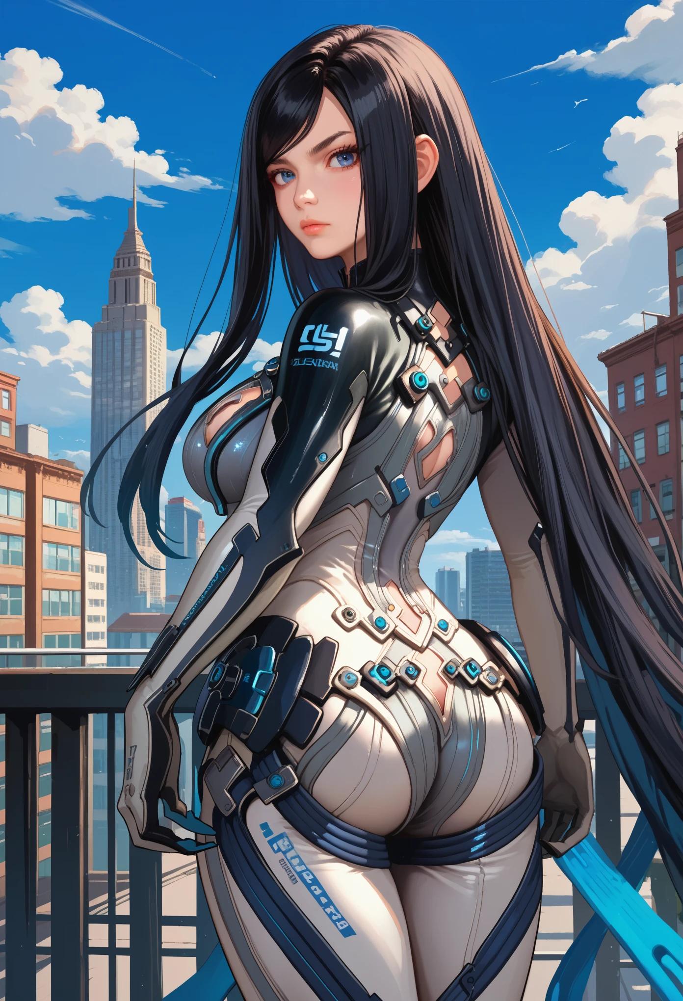 score_9, score_8_up, score_7_up, score_6_up, source_anime, 1girl, solo sbRav, black hair, swept bangs, very long hair, blue eyes, black bodysuit, two-tone bodysuit, grey pants, collarbone, cleavage cutout, gloves, gauntlets, large breasts, blue sky, clouds, city, looking back, behind view