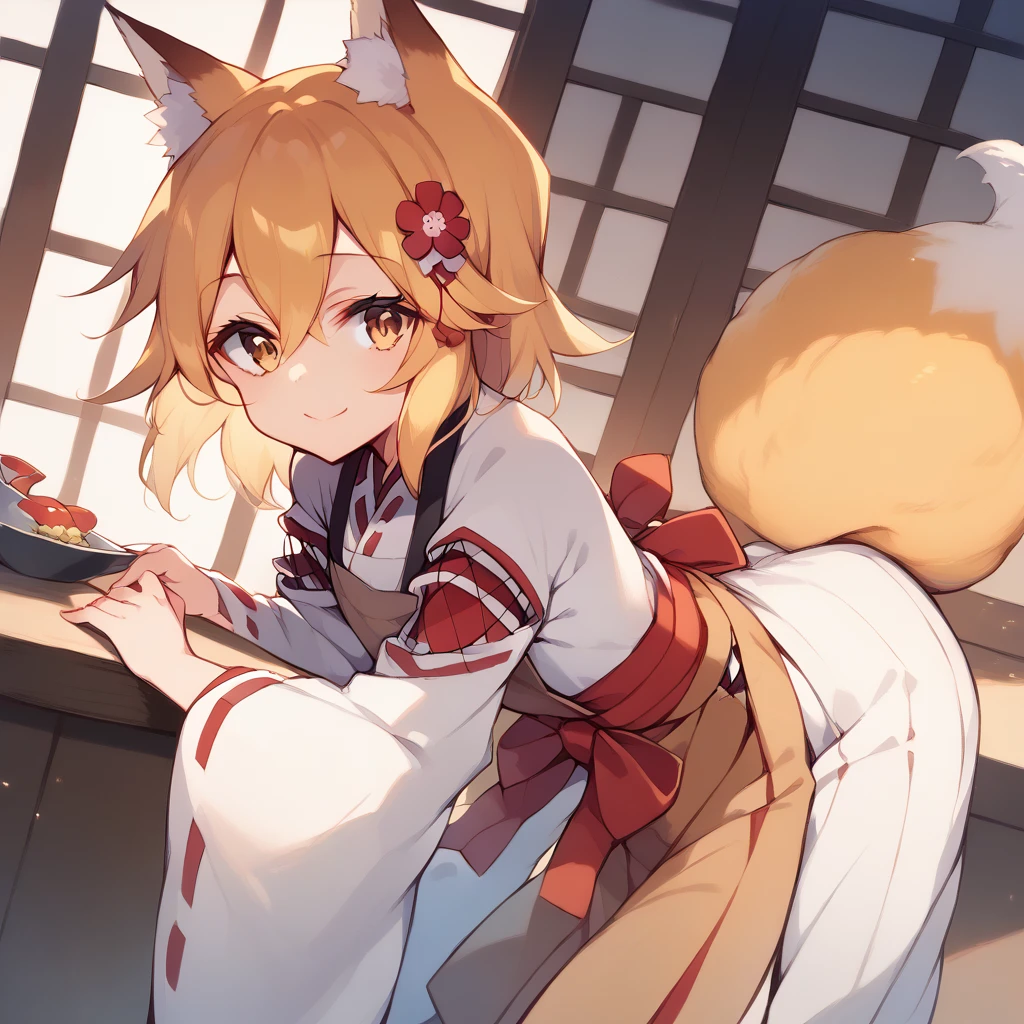 score_9, score_8_up, score_7_up, source_anime, kitsunesenko, senko, bangs, blonde hair, hair ornament, animal ears, hair between eyes, yellow eyes, flower, hair flower, animal ear fluff, fox ears, red flower, fox girl, long sleeves, tail, japanese clothes, wide sleeves, kimono, apron, ribbon trim, hakama, hakama skirt, ribbon-trimmed sleeves, white kimono, miko, brown apron, indoors, bent over, smile, solo, dutch angle, looking at viewer, cowboy shot,
