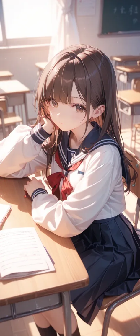 ((masterpiece, )),best aesthetics,1 girl, school uniform, table, sit, school table, brown hair, classroom, long hair, indoor, ch...